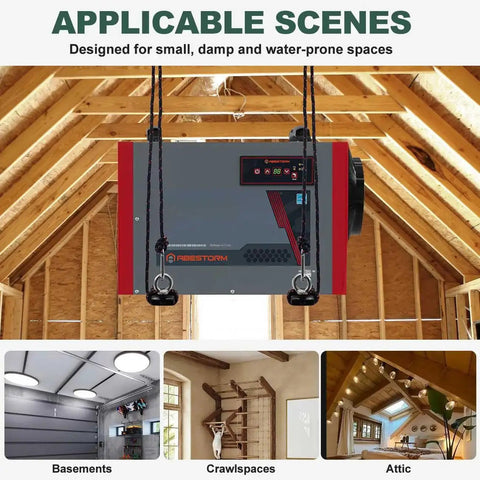 Heavy Duty Hanging Kit For Crawl Space And Basement Dehumidifiers With Anti Vibration Frame installed in attic space