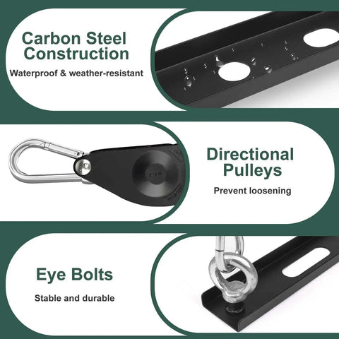 Heavy Duty Hanging Kit For Crawl Space And Basement Dehumidifiers With Anti Vibration Frame features carbon steel, pulleys, eye bolts.
