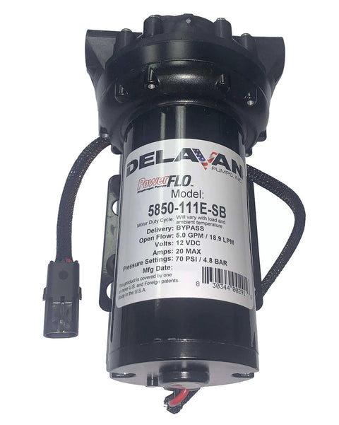 Delavan 5850-111E-SB Diaphragm Pump 12V, 60PSI, 5.0GPM, Bypass Pump with black housing and wires