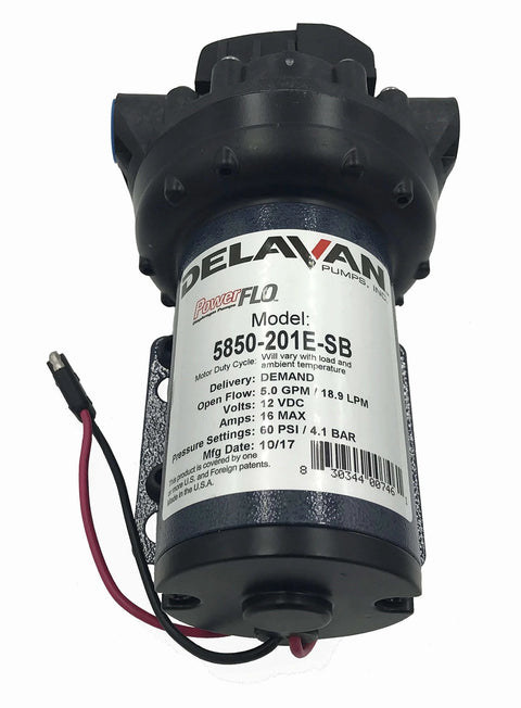 Front view of Delavan 5850-201E-SB Diaphragm Pump 12V, 60PSI, 5.0GPM, compact demand pump with specifications label visible