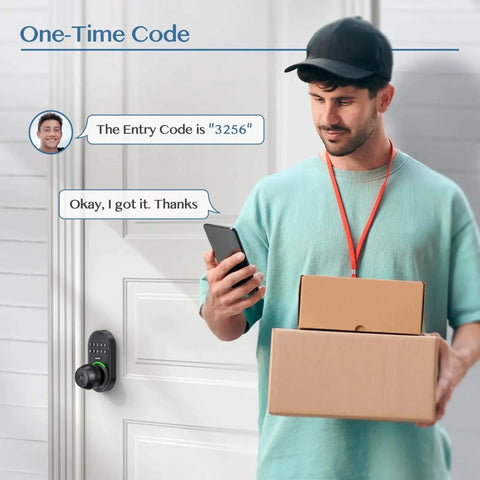 Man using smartphone to enter code on door with Keypad Smart Door Knob Lock With Backlit Keypad Keyless Entry For Front Door.