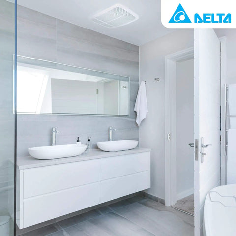 Radiance 80 CFM Exhaust Bathroom Fan With Quiet Operation And Built In Thermostat Heater installed on ceiling in modern bathroom.