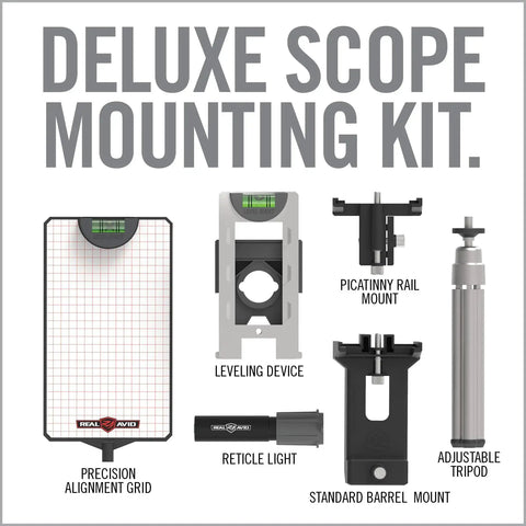 Complete Scope Mounting Kit And Precision Leveling System For Rifles That Lets You Level Align And Square Your Scope With Real Avid Quality. Shown are the precision alignment grid, standard barrel mount, leveling device, adjustable tripod, and reticle light.