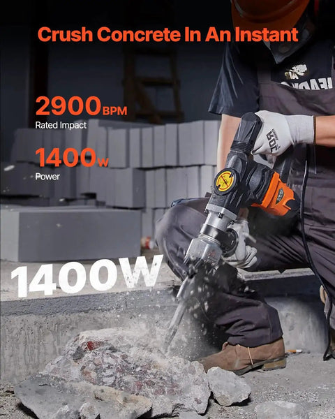 Demolition Hammer 1400W Electric Jack Hammer Heavy Duty Concrete Breaker shown breaking stone, 2900 BPM, includes gloves