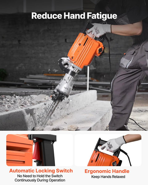 Heavy duty 2200W demolition jack hammer delivers powerful 66J impact energy and 1350 BPM for fast concrete breaking, ergonomic handle, worker using on site