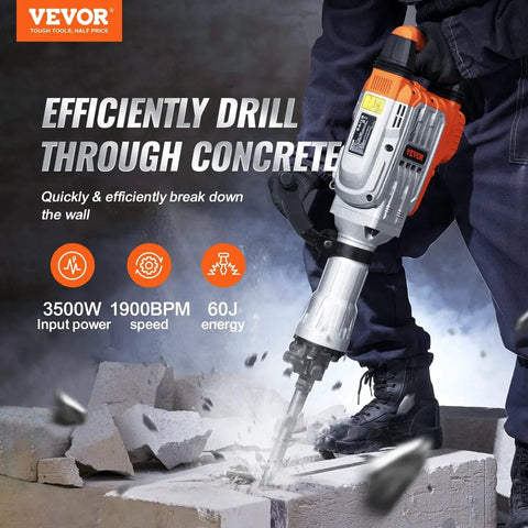 Powerful 3500W demolition jack hammer delivers fast concrete breaking for professional demolition, trenching, and hole making; includes two chisels, gloves, and a 360-degree swiveling front handle for steady, comfortable operation.