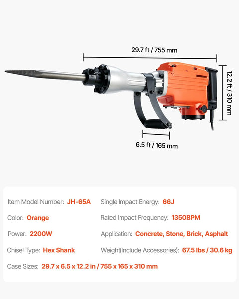 Heavy duty 2200W demolition jack hammer delivers powerful 66J impact energy and 1350 BPM for fast concrete breaking, includes 6 chisels and a sturdy carrying case for professional construction and industrial maintenance projects. Orange 29.7-inch hex shank