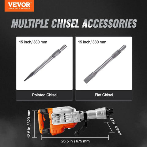 Powerful 3500W demolition jack hammer delivers fast concrete breaking for professional use with chisel accessories shown