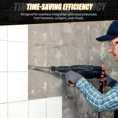 Person using 10 Piece Pneumatic Air Hammer Chisel Set For Demolition And Metal Shaping, Heavy Duty High Carbon Steel