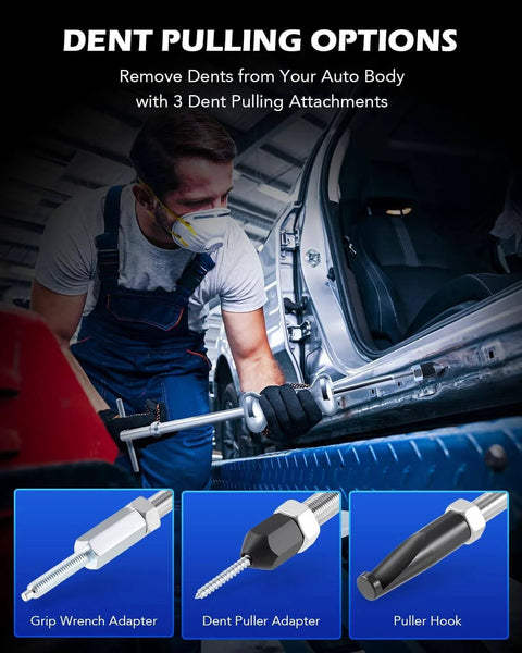 Mechanic using 9-Way Slide Hammer Puller Set for car dent repair with tools: wrench adapter, puller adapter, puller hook close-up.