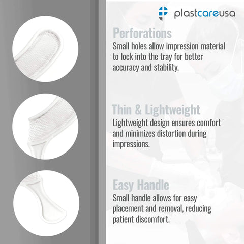 50 Sideless White Disposable Dental Bite Registration Trays For Impressions And Teeth Molds Pro Grade With Rigid Frame Thumb Tab And Durable Mesh To Hold Impression Material For Accurate Final Impressions PlastCare USA