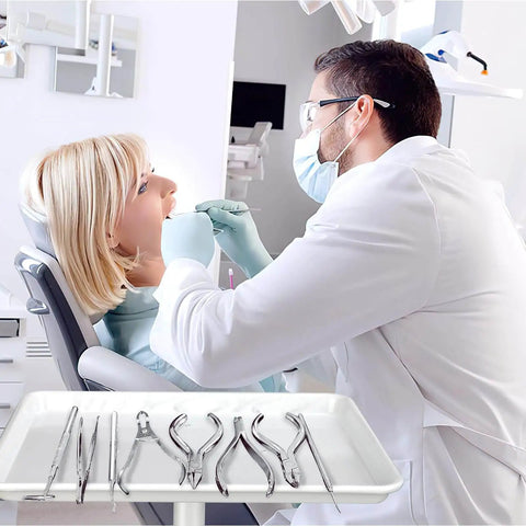 White Salon Tray Rolling Cart With Wheels Adjustable Height Service Tray For Tattoo Medical And Dental Rooms Minimalist Color Tray On Four 360 Degree Casters Easy Height Lift Durable Mobile Beauty Tray with dental tools in a dentist office