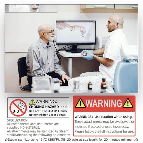 Dentist showing mini dental implant guide to patient, warning labels below