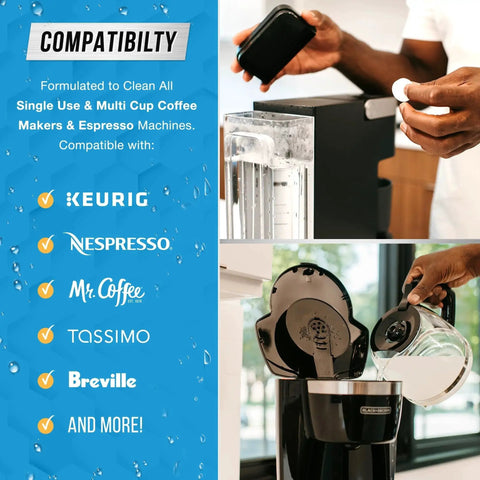 High-performance descaler tablets being used in Nespresso and Keurig coffee machines for limescale removal.