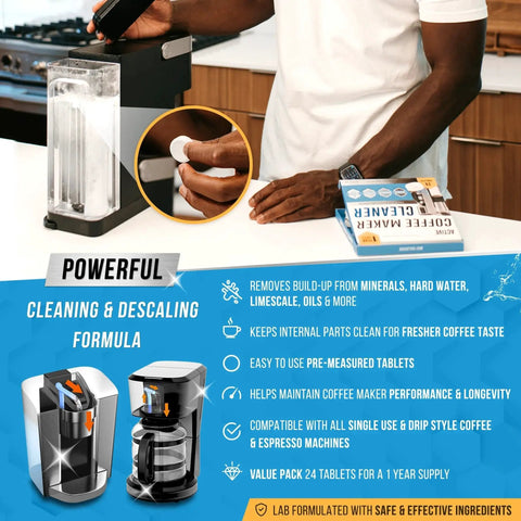 Person using high-performance descaler tablets for coffee machines, compatible with Nespresso, Keurig, and other brands.