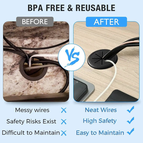 Maintain a clean, organized workspace with this 2-pack 80 mm white ABS desk grommet showing before and after wire management.