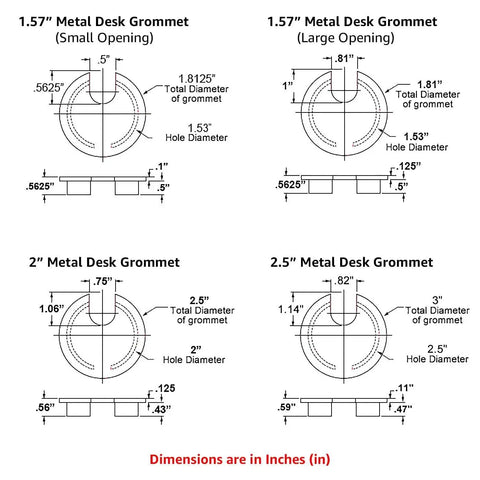 Diagram showing dimensions for 1.57-inch metal desk grommets with varying openings and sizes in inches.
