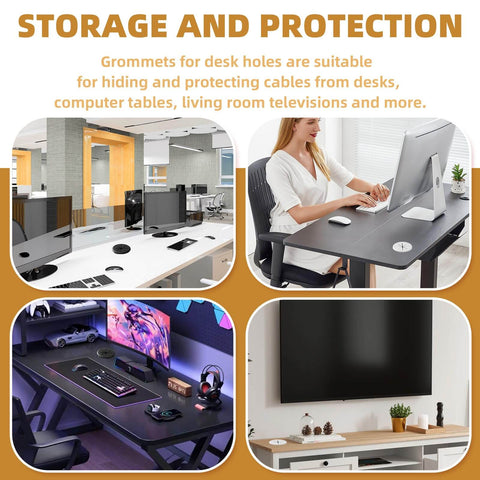 Four images displaying Desk Grommet 2 Inch (50 mm) 8 Pieces, Desk Hole Cover for Cables Black, installed in various desk setups