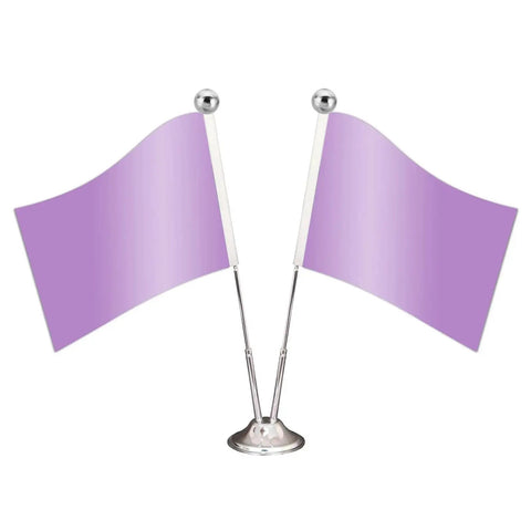 Two small purple flags on a silver base with flagpoles topped by silver balls, isolated on white background.