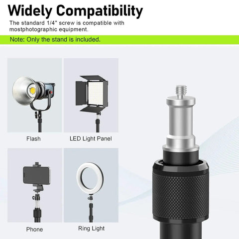 Diagram showing Two Pack Desk Mount With 1/4 And 3/8 Inch Screws And Ball Head, compatible with flash, LED light, phone, and ring light.