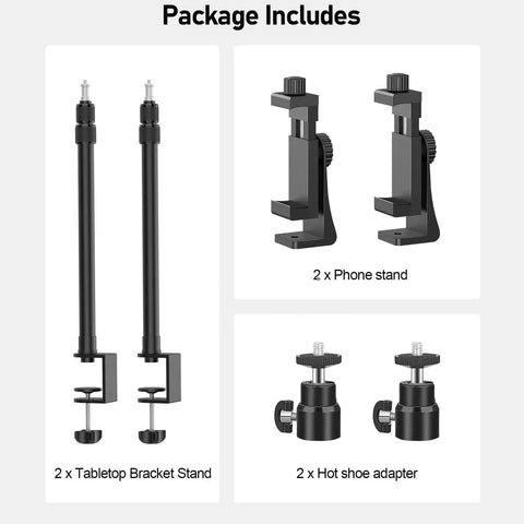 Package includes 2 tabletop bracket stands, 2 phone stands, 2 hot shoe adapters for Two Pack Desk Mount With 1/4 And 3/8 Inch Screws And Ball Head