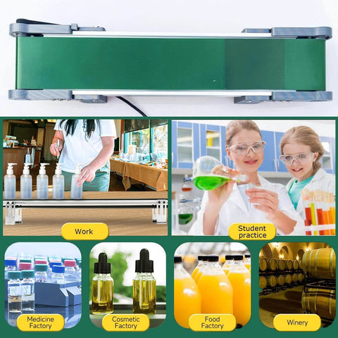 Desktop Belt Conveyor With Stepless Speed Control for science experiments and classroom use, shown in lab and production settings.