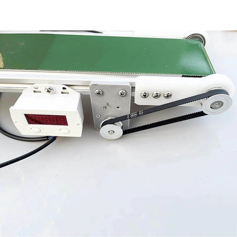 Desktop Conveyor Belt 1000mm Long 10cm Wide With Wear Resistant Anti Static PVC Belt, automatic counter visible, side view.