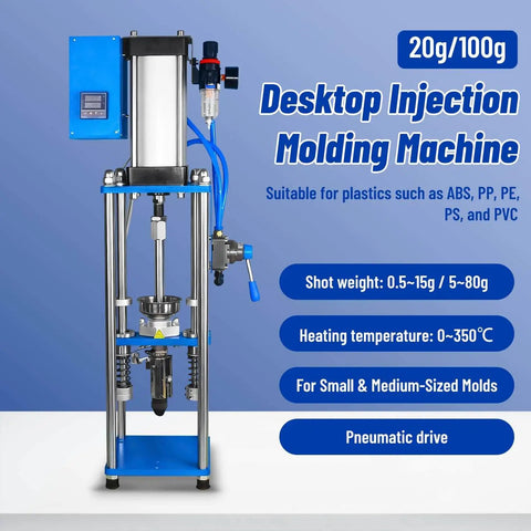 20g/100g desktop injection molding machine for ABS, PP, PE, PS, PVC with pneumatic drive and heating temperature 0-350°C.
