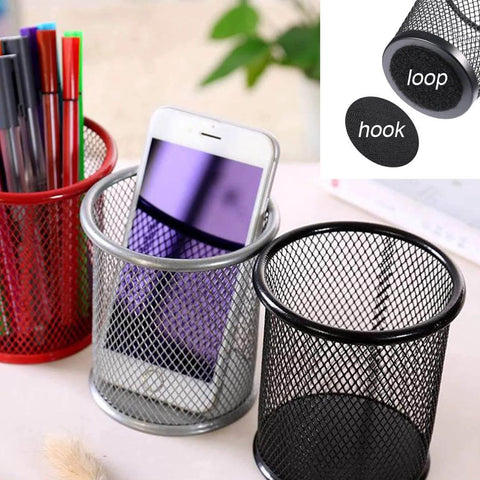 Industrial Strength Hook And Loop Fasteners 12 Pack Double Sided Sticky Tapes Anti Slip Rug Gripper Tapes For Home And Office Use Round Adhesive Wall Mounting Tape One And A Half Inch Heavy Duty Carpet Stickers That Grip Tight showing close-up of hook and loop mechanism and product use in mesh holders.