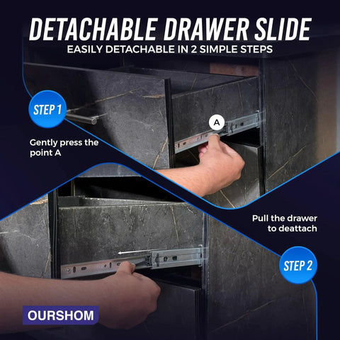 Step-by-step guide to detaching 12 Inch Full Extension Drawer Slides With Ball Bearing For Heavy Duty Side Mount Rails 100 Lb Capacity.