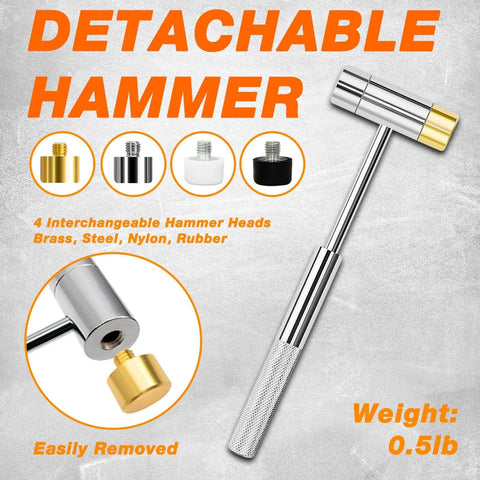 Detachable hammer with brass, steel, nylon, and rubber heads for Pin Punch Set With Hammer And Roll Pin Tools In Chrome Vanadium Steel.