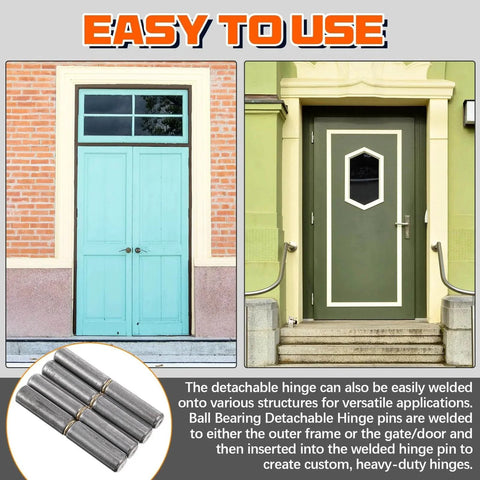 Image showing 30 Pack Weld On Bullet Hinges 2-1/2 X 3/8 Inch used on various doors; includes close-up of carbon steel hinges.