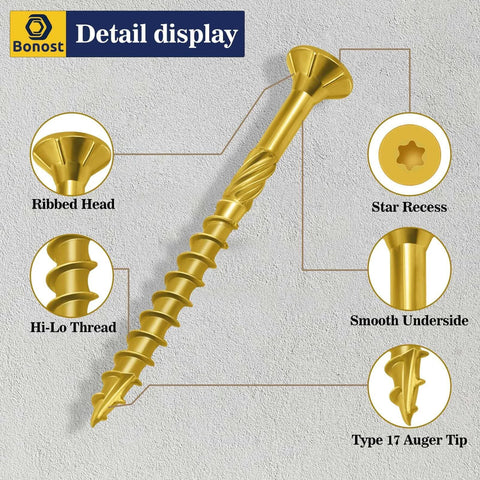 450 Pcs Wood Screws Assortment Kit with Torx Drive Screws and Matching Bits Featuring Multiple Sizes showing ribbed head and star recess.