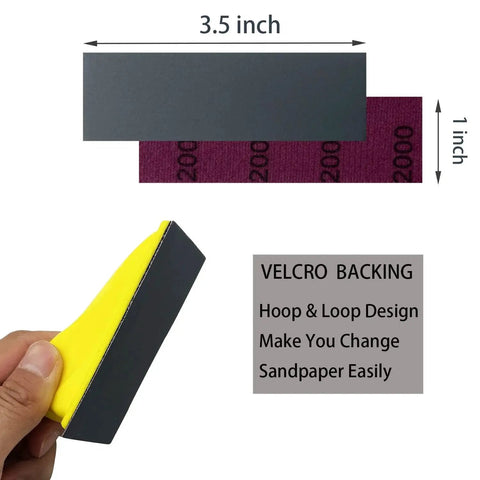 Detail Sander Paper Kit 70Pcs Wet Dry Sandpaper With 3 5 By 1 Inch Hand Block showing dimensions and Velcro backing