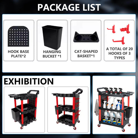 Auto Detailing Cart On Wheels Three Tier Rolling Detail Organizer With Long Hanging Plate And Hooks And Hanging Bucket And Cat Ear Basket For Garage Workshop And Repair Shop Pro Grade Durable Polyamide Shelves Built For Heavy Tool Storage And Easy Access with package list and exhibition view