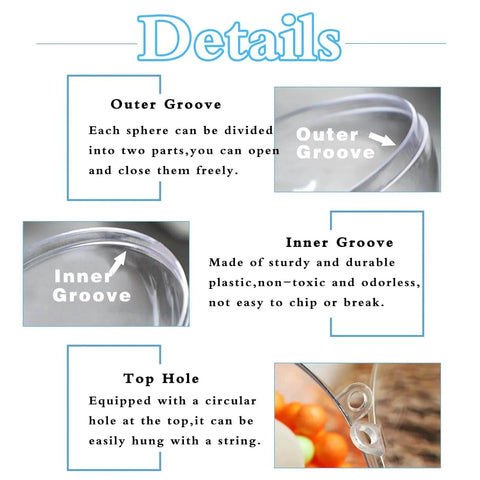 Details of 50 Set 100PCS Clear Plastic Fillable Ornaments showing outer groove, inner groove detail, and top hanging hole for DIY decoration