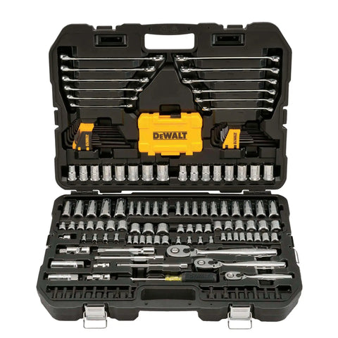 Pro Grade Mechanic Tool Set With Case By DeWalt, 168 Piece Socket Set Metric And Standard, in open case showing tools