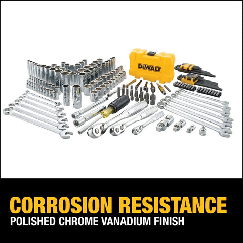 Pro Grade Mechanic Tool Set With Case By DeWalt, 168 Piece Socket Set with tools and yellow carrying case displayed