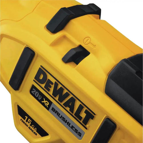 Cordless 15 Gauge Angled Finish Nailer 20V Max XR Renewed for trim molding, brushless motor close-up view