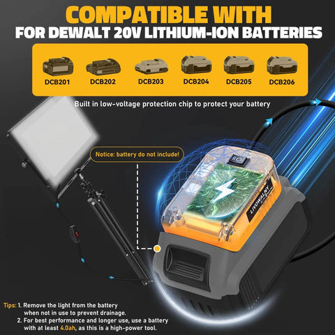 Massive 20000LM LED Work Lights With Stand For Dewalt Battery shown with compatible Dewalt 20V lithium-ion battery connection