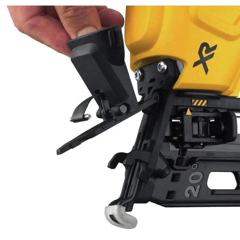 Close-up of DEWALT 20V MAX XR Cordless Angled 16GA Finish Nailer adjustment mechanism with yellow and black design in use.