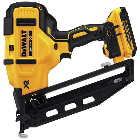 DEWALT 20V MAX XR Cordless Angled 16GA Finish Nailer side view with brushless motor and angled magazine for trim work