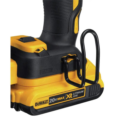 Close-up of DEWALT 20V MAX XR Cordless Angled 16GA Finish Nailer handle and lithium-ion battery part.