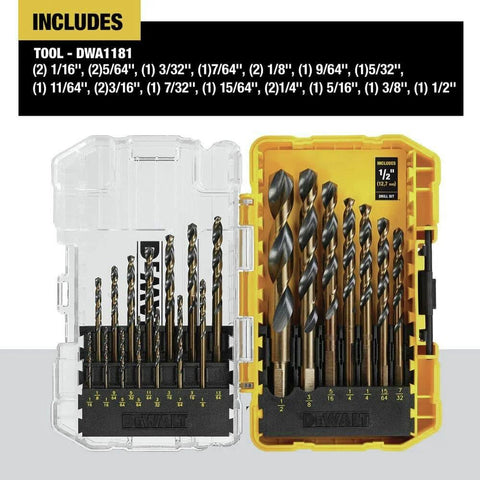 21-Piece Black Oxide Drill Bit Set With 135 Degree Split Point And 31 Degree Helix Model DWA1181 in open plastic case