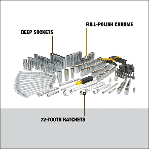 Durable 247-Piece Mechanic Tool Set With One Quarter, Three Eighths, And One Half Inch Drives, SAE Sockets, Ratchets, Hex Keys, And Wrenches, DirectTorque Technology And Polished Chrome Finish, The Ultimate Workhorse From DeWalt.