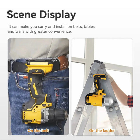 DeWalt Belt Clips 6-Pack Stainless Steel Clip Set With Screws for 20V Power Tools N268241 N086039 attached to a belt and ladder.