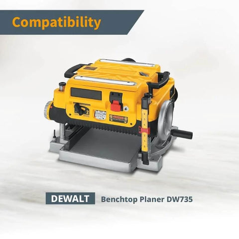 Yellow DEWALT Benchtop Planer DW735 with front feed and gauge in a workshop setting.