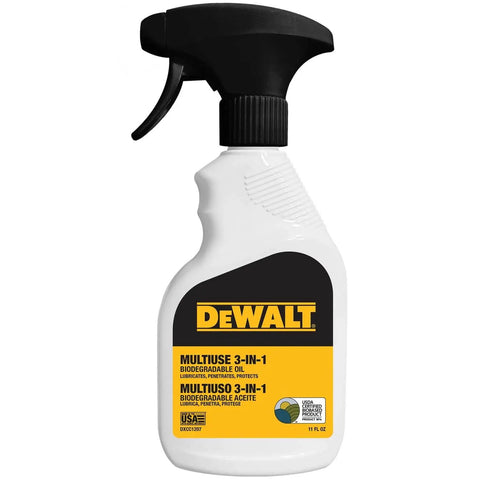 3 In 1 Biodegradable Penetrating Oil DeWalt bottle with yellow label, spray nozzle, 11 oz, for loosening stuck bolts and machinery