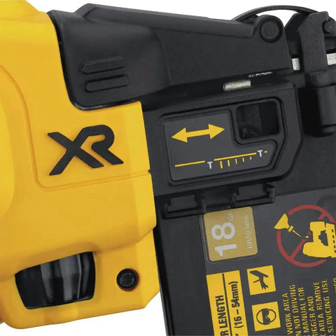 Close-up of DEWALT 20V MAX cordless 18GA brad nailer kit showing adjustable depth settings and brushless motor