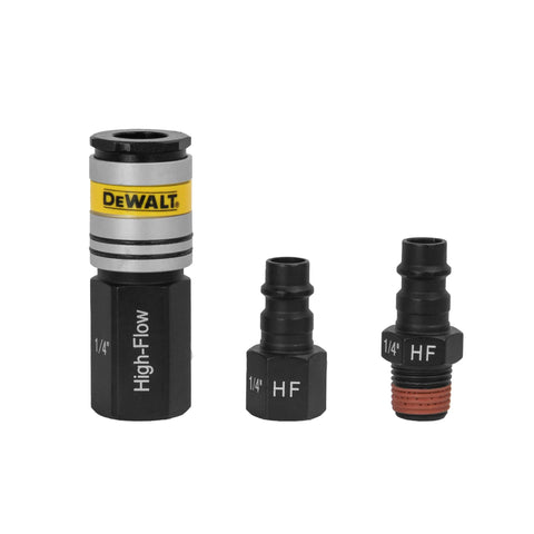 DEWALT 1/4 in. NPT high-flow air coupler and plugs, 3-piece set (black fittings)